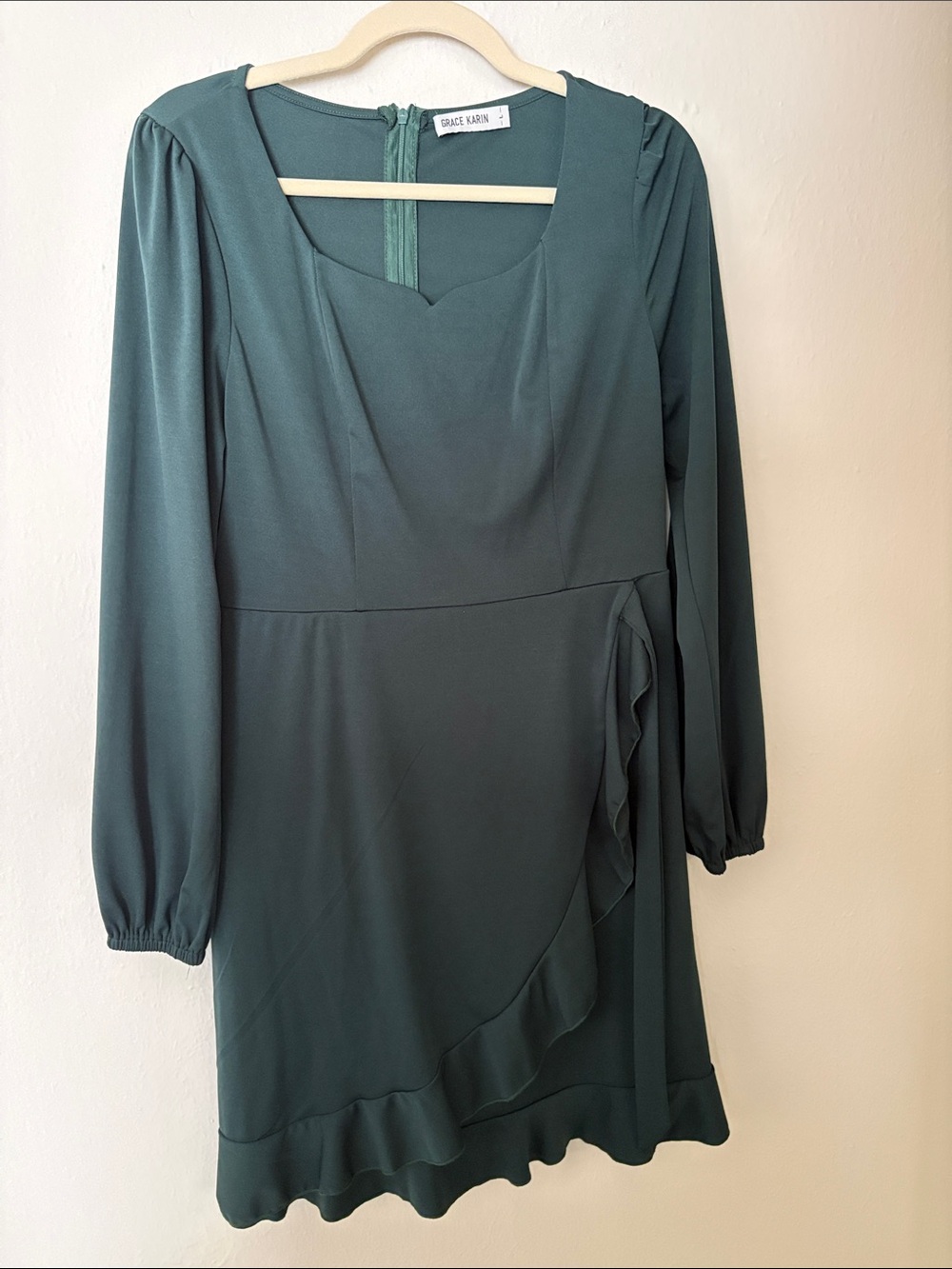 Grace Karin Teal Long Sleeve Ruffle Wrap-Style Dress